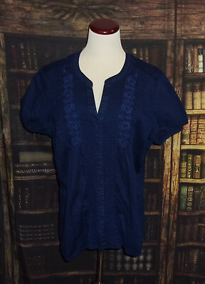 #ad St Johns Bay Cotton Top Blouse XL Navy Blue Womens V Neck Cap Sleeve Button Up $14.99
