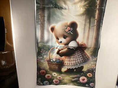 #ad spring yard flags 12 x 18 Baby Bear Gathering Flowers With A Wicker Basket $10.99