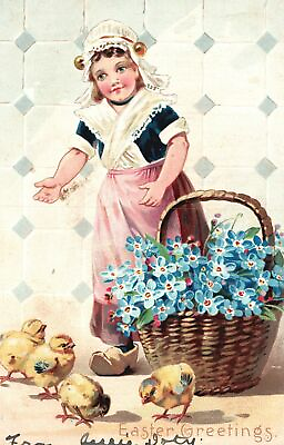 #ad Vintage Postcard 1900#x27;s Lady Feeds Four Baby Chicks Basket of Flowers Greetings $8.08