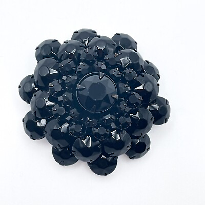 #ad Vintage Black Glass Brooch High Dome Japanned 1.75 Inches Faceted Prong Set $14.99