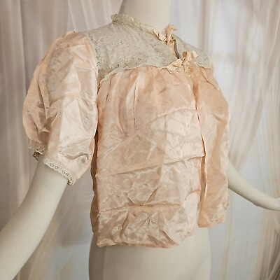 #ad Vintage 1930s Bedjacket Robe Lingerie Peachy Apricot Lace Ribbon Tie Liquid Silk $46.00