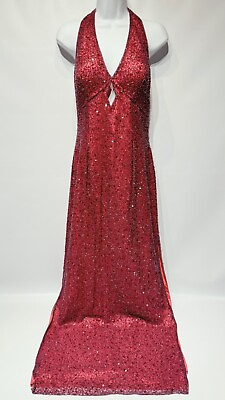 #ad Scala 100% Silk Sleeveless Sequin Evening Gown Red Sparkle Prom Formal Size L $127.49
