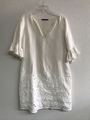 #ad CAROLINA HERRERA Women M White Ivory 3 4 Sleeve Sheath Dress Linen Blend Lined $75.00