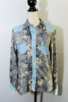 #ad Anthropologie Cotton LOVE THE LABEL Blue Floral Chambray Western Pearl snap Med $35.00
