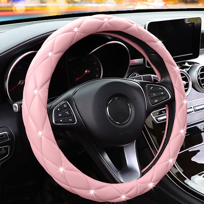 #ad Cute Diamond Soft Light Pink Leather Anti Slip Steering Wheel Cover with Bling $40.99