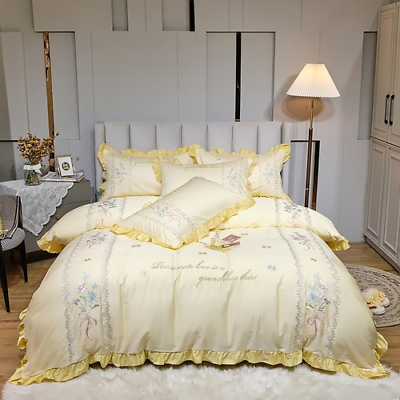 #ad Luxury Flowers Embroidery Princess Ruffles Bedding Set Egyptian Cotton Cover $264.91