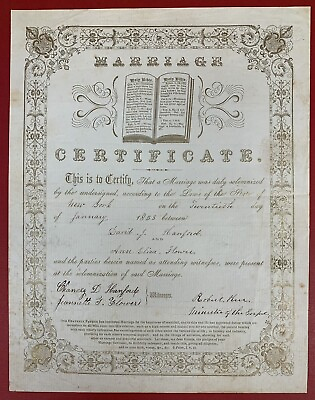 #ad 1858 New York State Christian Marriage Certificate $70.00
