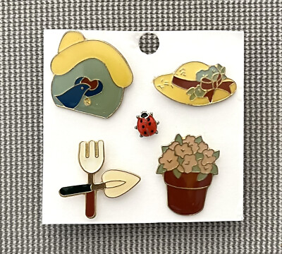 #ad Vintage Set of 5 Gardening Plant Themed Pins Brooches Flowers Sun Hat Bird $28.97