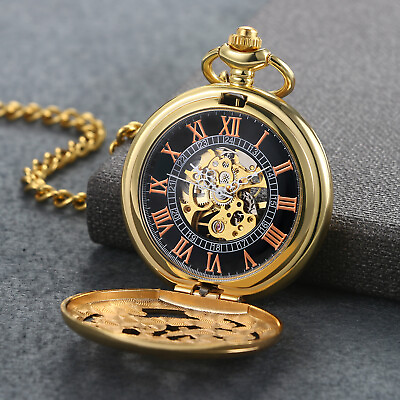 #ad Mens Pocket Watch Mechanical Gold Case Hollow Hands Chain Hand winding Luxury $21.99