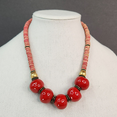 #ad Beaded Necklace Vtg Gold Tone Red Clay Beads Hook Clasp 19.5quot; Jewelry $18.20