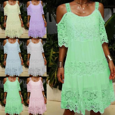#ad Womens Cold Shoulder Chiffon Lace Mini Dress Ladies Holiay Beach Strappy Dresses $31.99