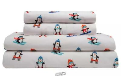 #ad Holly Jolly Microfiber Skiing Penguins Sheets King Size Holiday Christmas $44.99