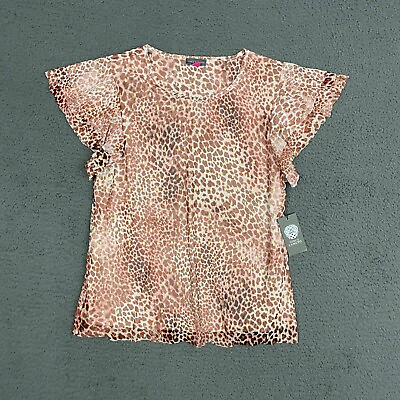 #ad Vince Camuto Top Womens Large Tiered Ruffle Foil Mesh Animal Print Ladies Casual $34.95
