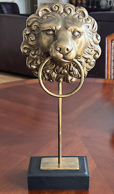 #ad Antique Brass lion head on stand 19 1 4” Tall $225.00