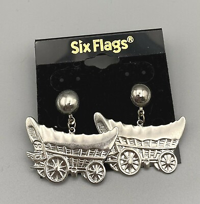 #ad Six Flags Theme Park Souvenir Western Trail Silver Covered Wagon Earrings NEW $10.80