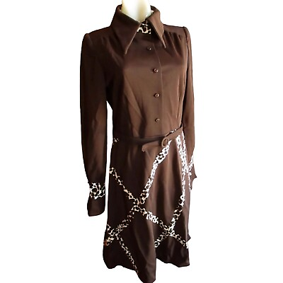 #ad 10 Vintage 1970#x27;s Women#x27;s Dress Brown Belted Leopard Trim Stretch KNit Polyester $20.25