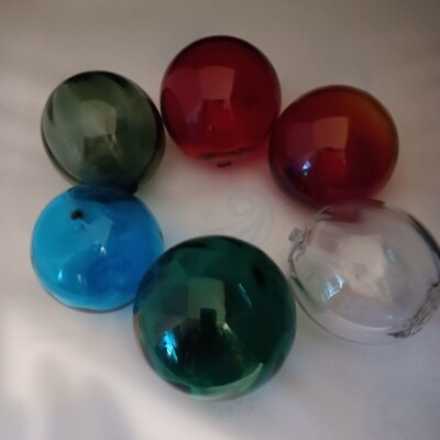 #ad Six Hand Blown Glass Balls Spheres Multicolored Blue Red Green Clear SmokedGrey $100.00