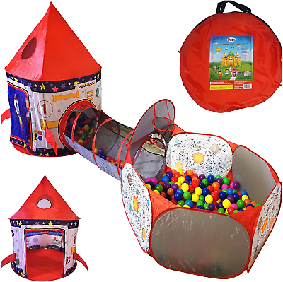 #ad 3Pc Rocket Ship Astronaut Kids Play Tent Tunnel amp; Ball Pit with Basketball Hoo $54.99