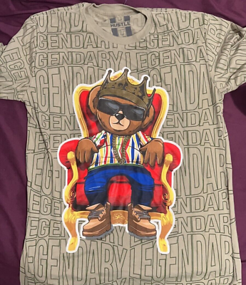 #ad Hustle Legendary AOP T Shirt L Mens Bear King Crown Throne Grapic Crew Neck $19.95