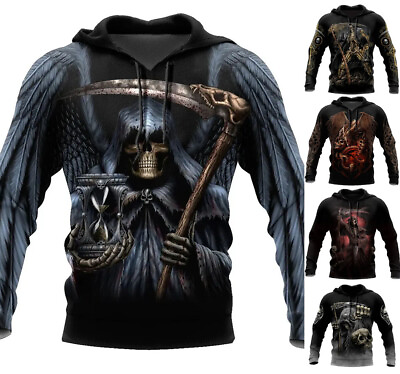 #ad Skull Grim Reaper Hoodie Sweatshirt Mens Graphic Print Top Sizes Xs 5xl GBP 25.24