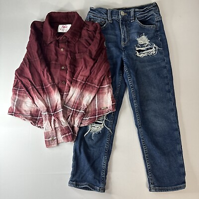 #ad Justice Set Girl Maroon Button Down Plaid Shirt Blue Jeans Ripped Size Sm BX06 $9.99