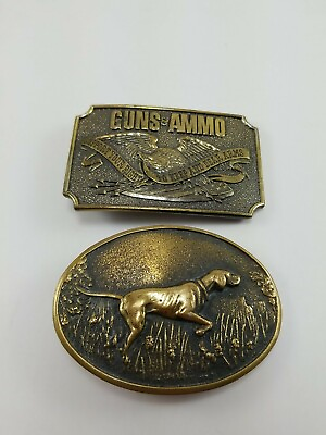 2 Vintage Solid Brass 1978 Guns amp; Ammo BTS Hunting Bird Dog Belt Buckles Mens $20.00
