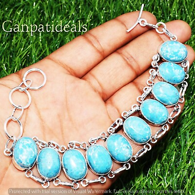 #ad Larimar Gemstone Fashion Big Bracelet 925 Sterling Silver Plated Jewelry $71.24