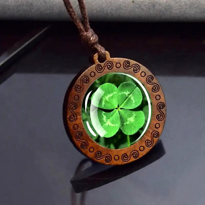 #ad Four Leaf Clover Pendant Green Lucky Wooden Rope Chain Necklace Men Women Green $13.98