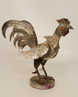 #ad Vintage punched tin rooster figure statue metal 11quot; tall $49.95