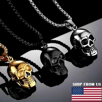 #ad Gothic Mens Biker Skull Pendant Necklace Pop Men Stainless Steel Chain Silver US $6.92