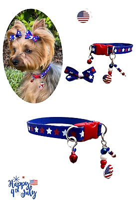 #ad USA Adjustable collar For dog Cat Patriotic Dog Handmade 4th July American Flag $29.00
