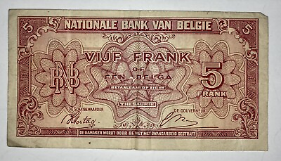 #ad VINTAGE BELGIUM 5 Francs BELGA 01 02 1943 KING LEOPOLD III ERA Banknote $3.61