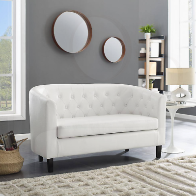 #ad Love Seat Sofa Faux Leather Barrel Couch Button Tufted Small Space White 2 Seats $249.99