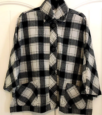 #ad Coldwater Creek Large Plaid Swing Jacket Wool Blend Black White window paine $16.75