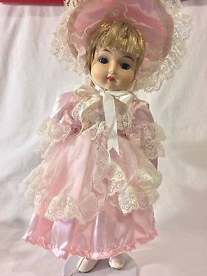 #ad Beautiful Porcelain Doll 18quot; Blond Hair Blue Eyes Pink Lacey Dress Hat amp; Stand $33.75
