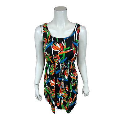 #ad Denim amp; Co. Beach Scoop Neck Handkerchief Hem Swim Dress Black Tropical Size 16 $20.00