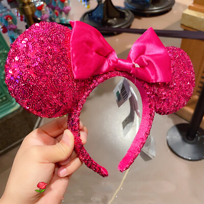 #ad US Disney Parks 2022 Ears Hot Pink Headband Bow Magenta Orchid Disneyland Sequin $16.69