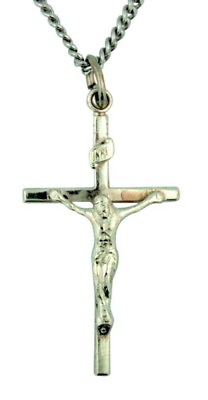 #ad Medium Sterling Silver Cross Crucifix 1 3 8quot; Pendant on Stainless Steel Chain $44.88