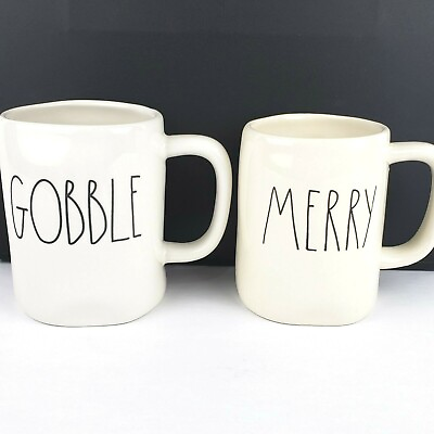 #ad Lot of 2 Rae Dunn Gobble Merry White Ceramic Coffee Mug Cup Artisan Collection $27.99