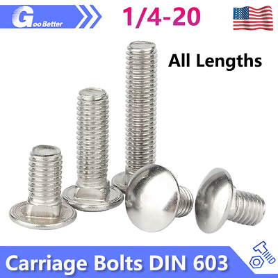 #ad 1 4 20 Carriage Bolts Screws DIN 603 A2 Stainless Steel Round Square All Lengths $7.73