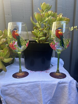 #ad Handpainted Signed Pair Of Floral Parrot Wine Water Stemware 18 Oz $29.99