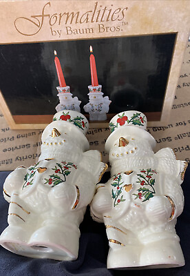 #ad Formalities Baum Bros Ivory amp; Gold Snowman Christmas 6quot; Taper Candle Sticks MINT $19.99