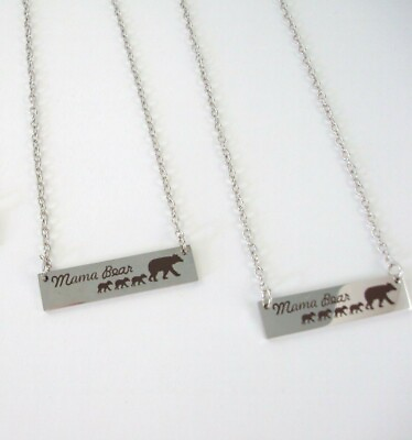 #ad Mama Bear Necklace Baby Cubs Following Mom Engraved Plate Silver Mother#x27;s Day $14.20