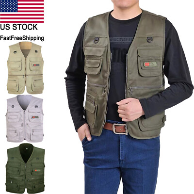 #ad Men#x27;s Fishing Vest Work Safari Travel Photo Cargo Multi Pockets Waistcoat Jacket $18.98