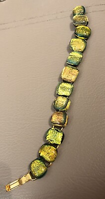 #ad WOW Gold amp; Green Sparkling Druzy Like Glass Bracelet 12 Links $12.99