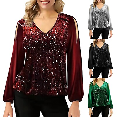 #ad V Neck Pullover Top Beaded Stitching Strapless Fashion Sleeve Women#x27;S T Shirt $23.74