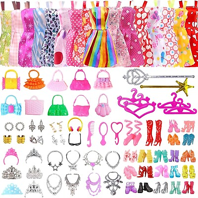 #ad 96 PCS Barbie Clothes Doll Fashion Wear Clothing Outfits Dress up Gown Shoes Lot $17.99