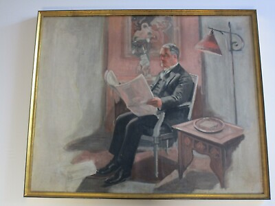 #ad ANTIQUE ART DECO PAINTING INTERIOR W GENTLEMAN IN SUIT AND FINE ART HANGING OLD $720.00