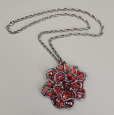 #ad Rhinestone Flower Necklace Brooch Pendant Red Glass Gunmetal Rope Jewelry 24quot; $22.00