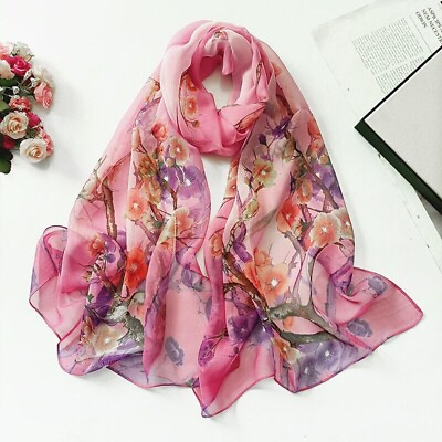 #ad Pink Floral Fashion Scarf Women#x27;s Chiffon Printed Silk Soft Fashion Wrap $13.99